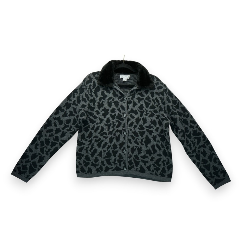 Vintage Jennifer Moore Medium Gray Leopard Sweater Collared Button Closure
